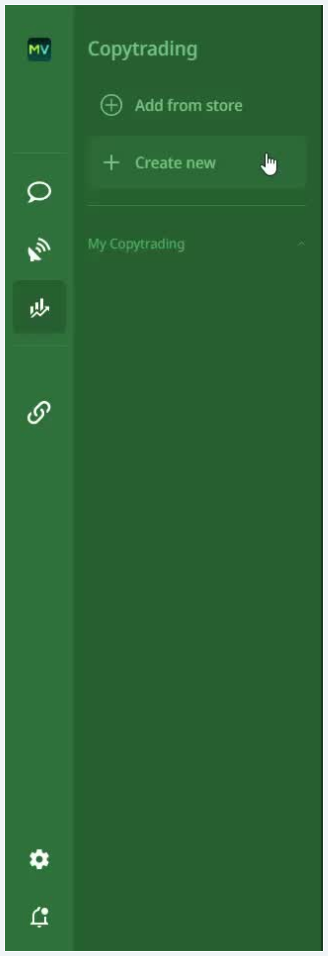 Empty CopyTrading panel with Add from store and Create New options